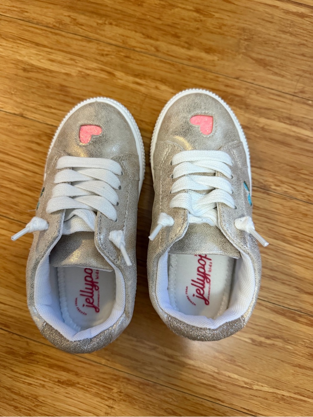 Jellypop Metallic Silver Kids Sneakers with Pink Heart Accent